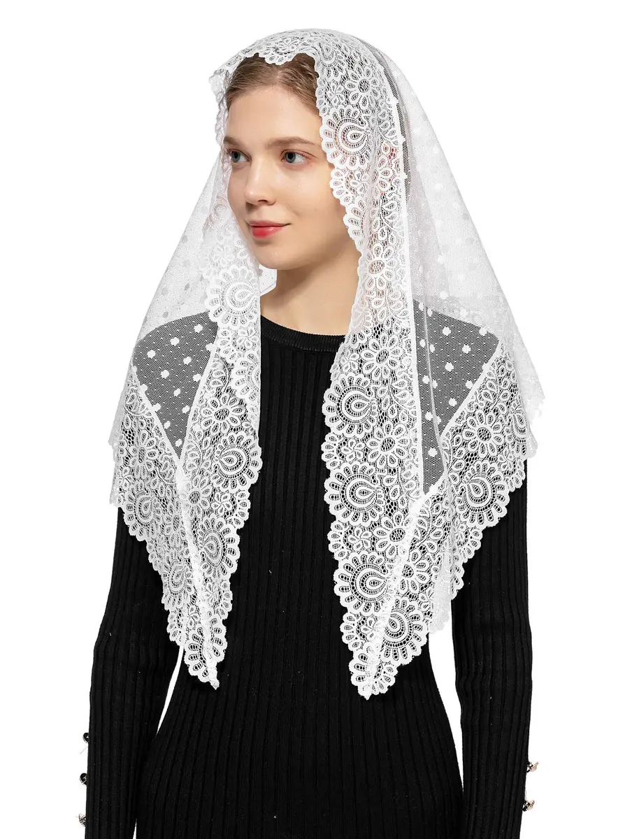 Wgior Triangle Lace Chapel Veil 54" Base x 25.5" Height | Vintage Inspired Mass Head Covering - main product image