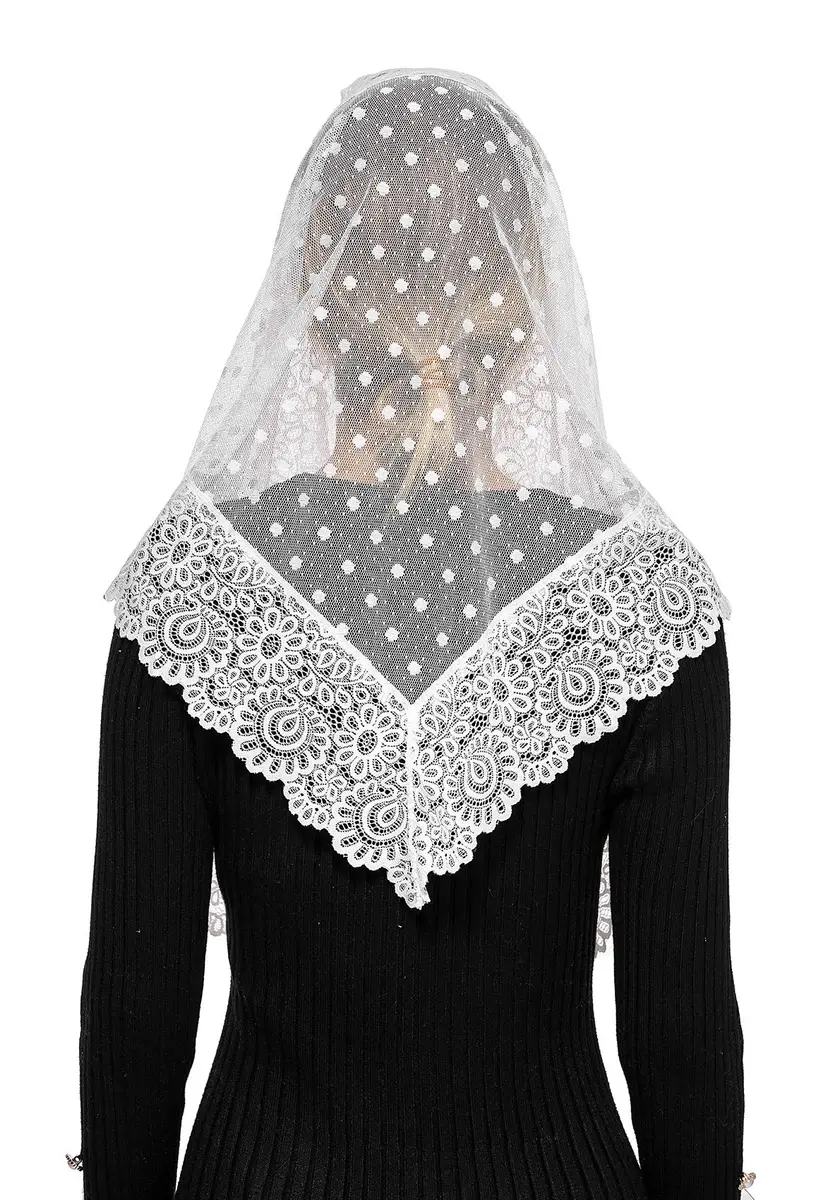 Wgior Triangle Lace Chapel Veil 54" Base x 25.5" Height | Vintage Inspired Mass Head Covering - view 5