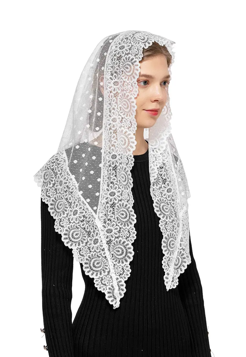 Wgior Triangle Lace Chapel Veil 54" Base x 25.5" Height | Vintage Inspired Mass Head Covering - view 2