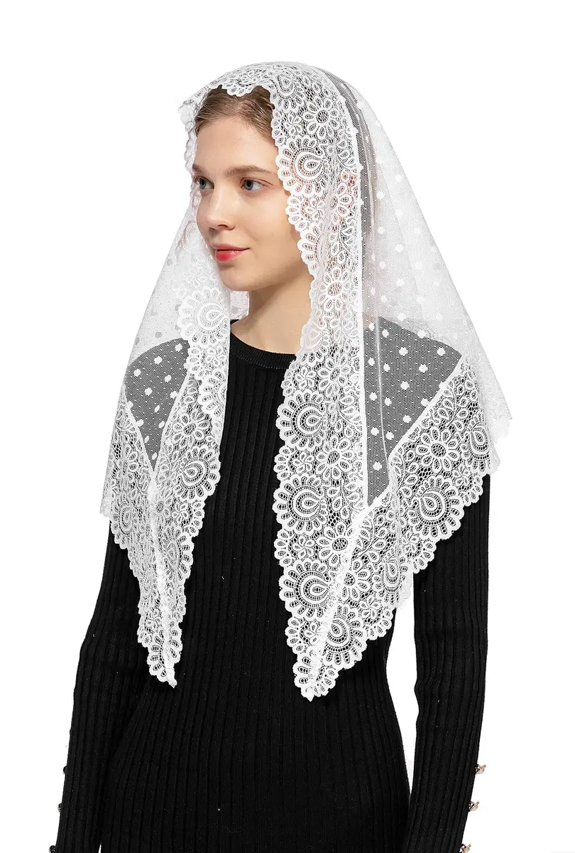 Wgior Triangle Lace Chapel Veil 54" Base x 25.5" Height | Vintage Inspired Mass Head Covering - view 3