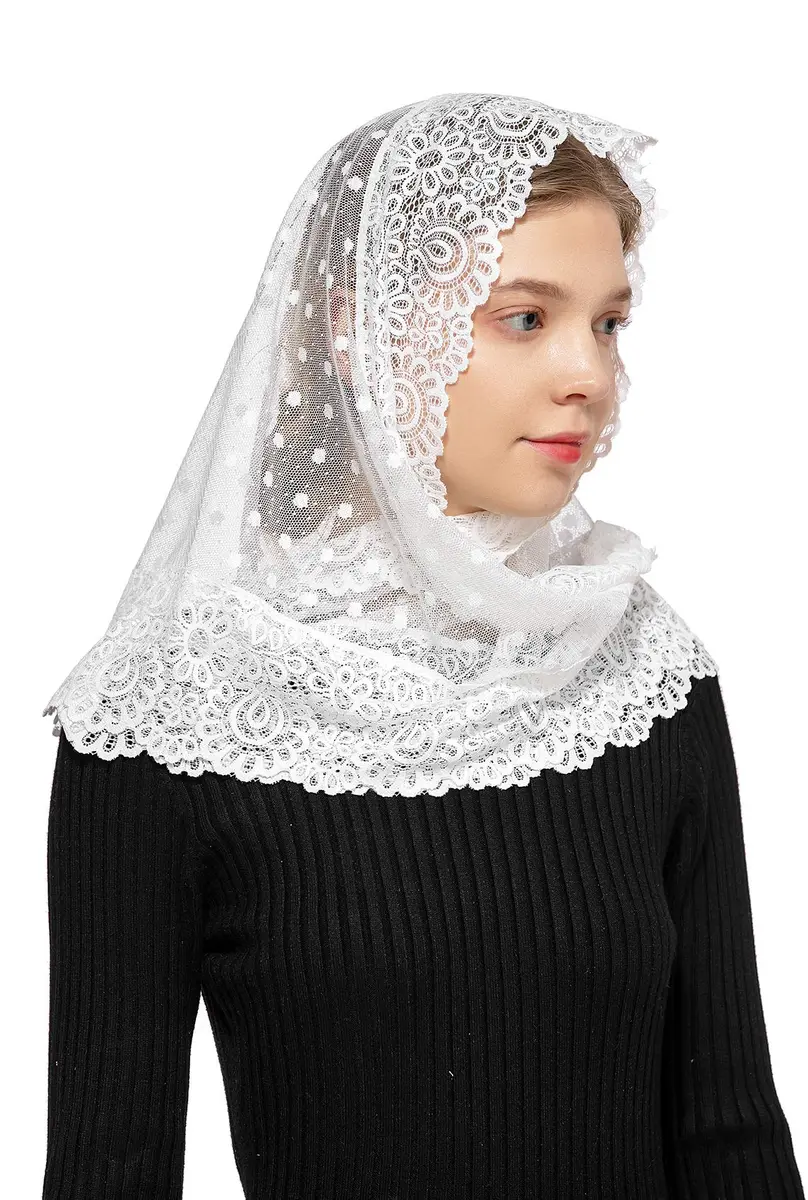 Wgior Triangle Lace Chapel Veil 54" Base x 25.5" Height | Vintage Inspired Mass Head Covering - view 4