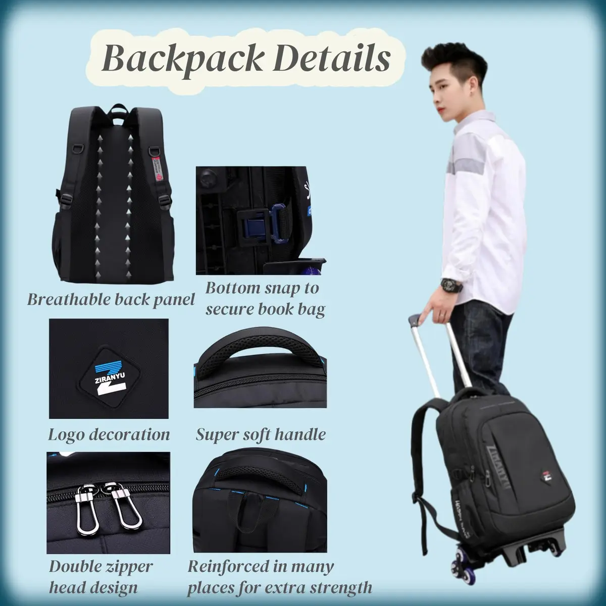 VIDOSCLA Rolling Backpack with Wheels for Kids & Teens | 50cm (20 Inch) Carry-On Size - view 5