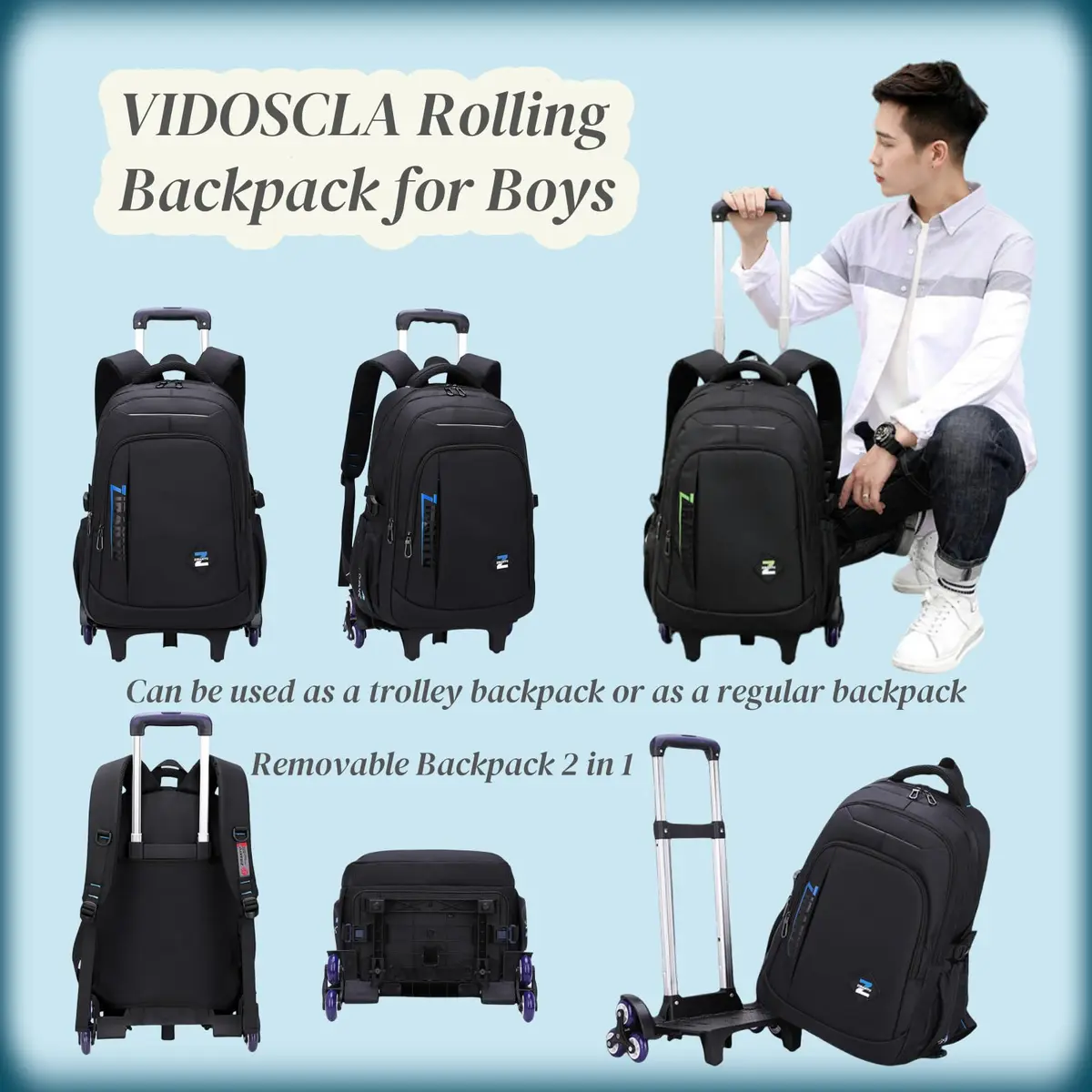 VIDOSCLA Rolling Backpack with Wheels for Kids & Teens | 50cm (20 Inch) Carry-On Size - view 2