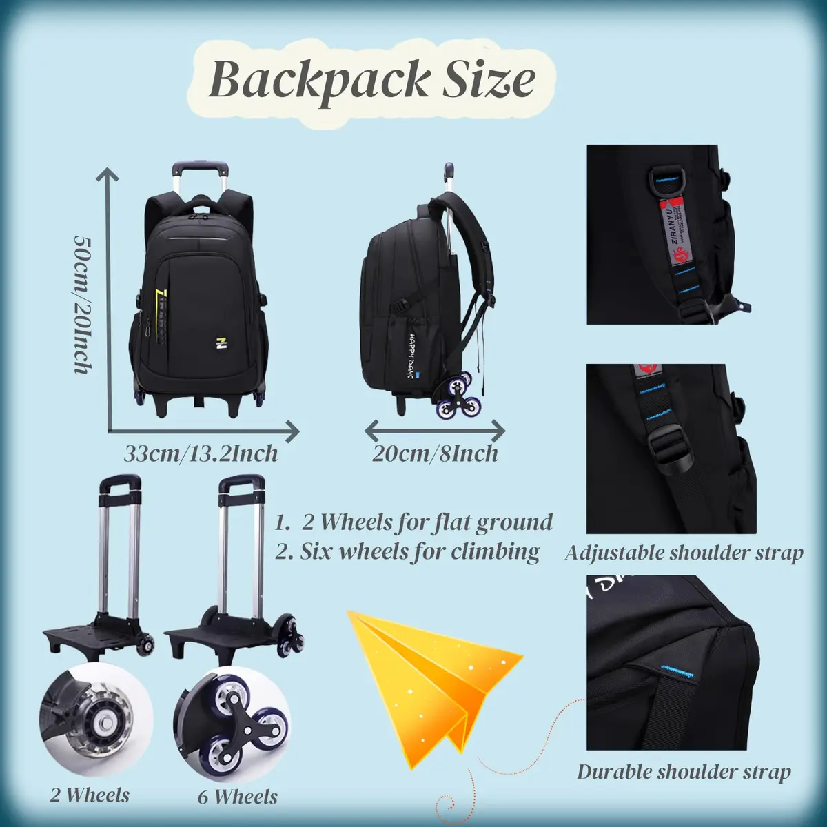 VIDOSCLA Rolling Backpack with Wheels for Kids & Teens | 50cm (20 Inch) Carry-On Size - view 3