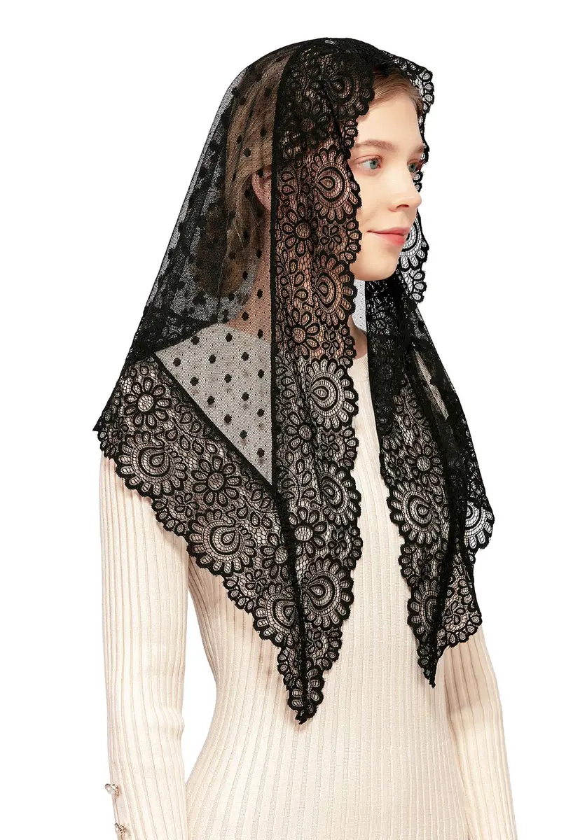 Wgior Triangle Vintage Inspired Lace Chapel Veils Black | Elegant Church Head Covering (70-120 chars) - main product image