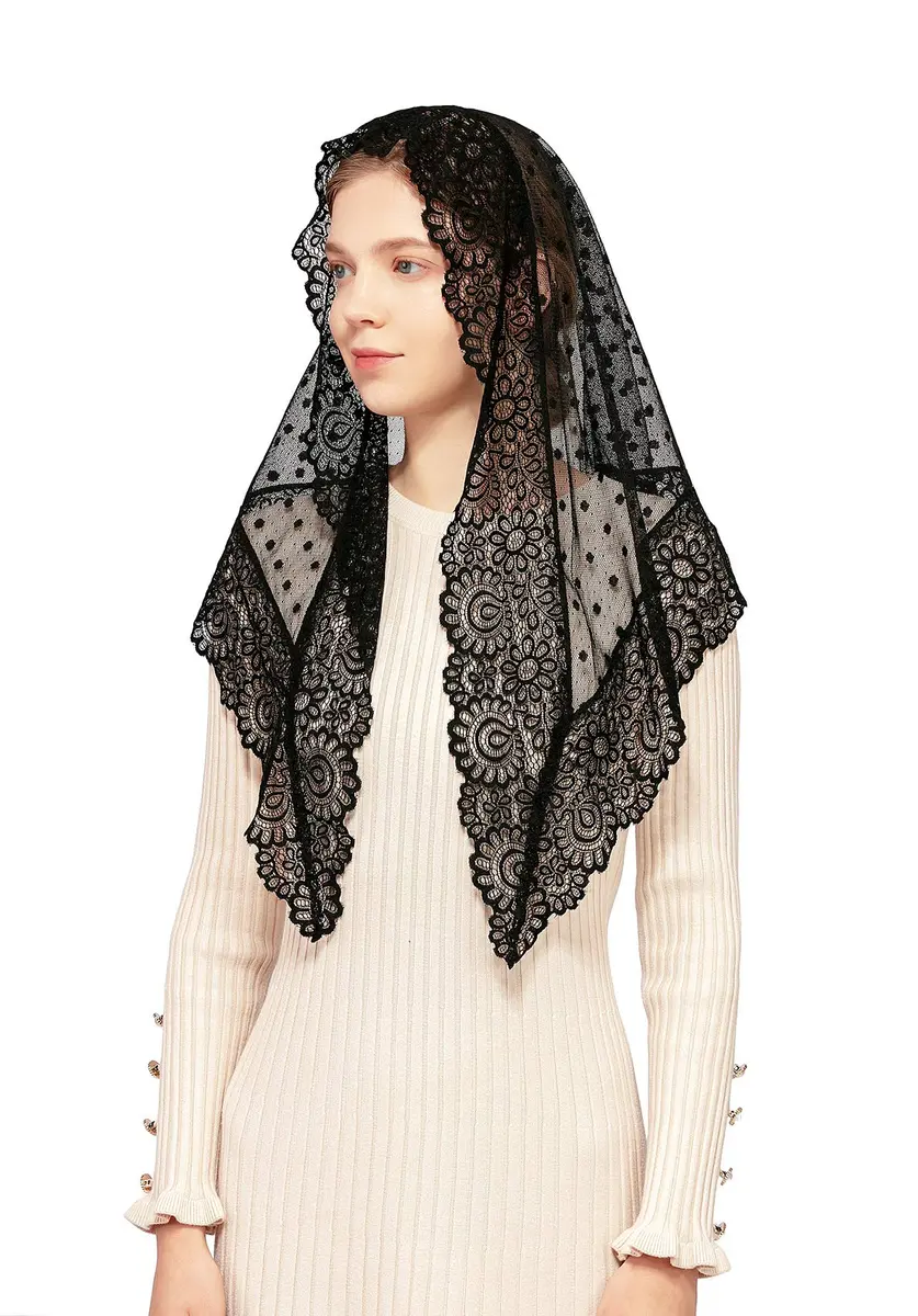 Wgior Triangle Vintage Inspired Lace Chapel Veils Black | Elegant Church Head Covering (70-120 chars) - view 2