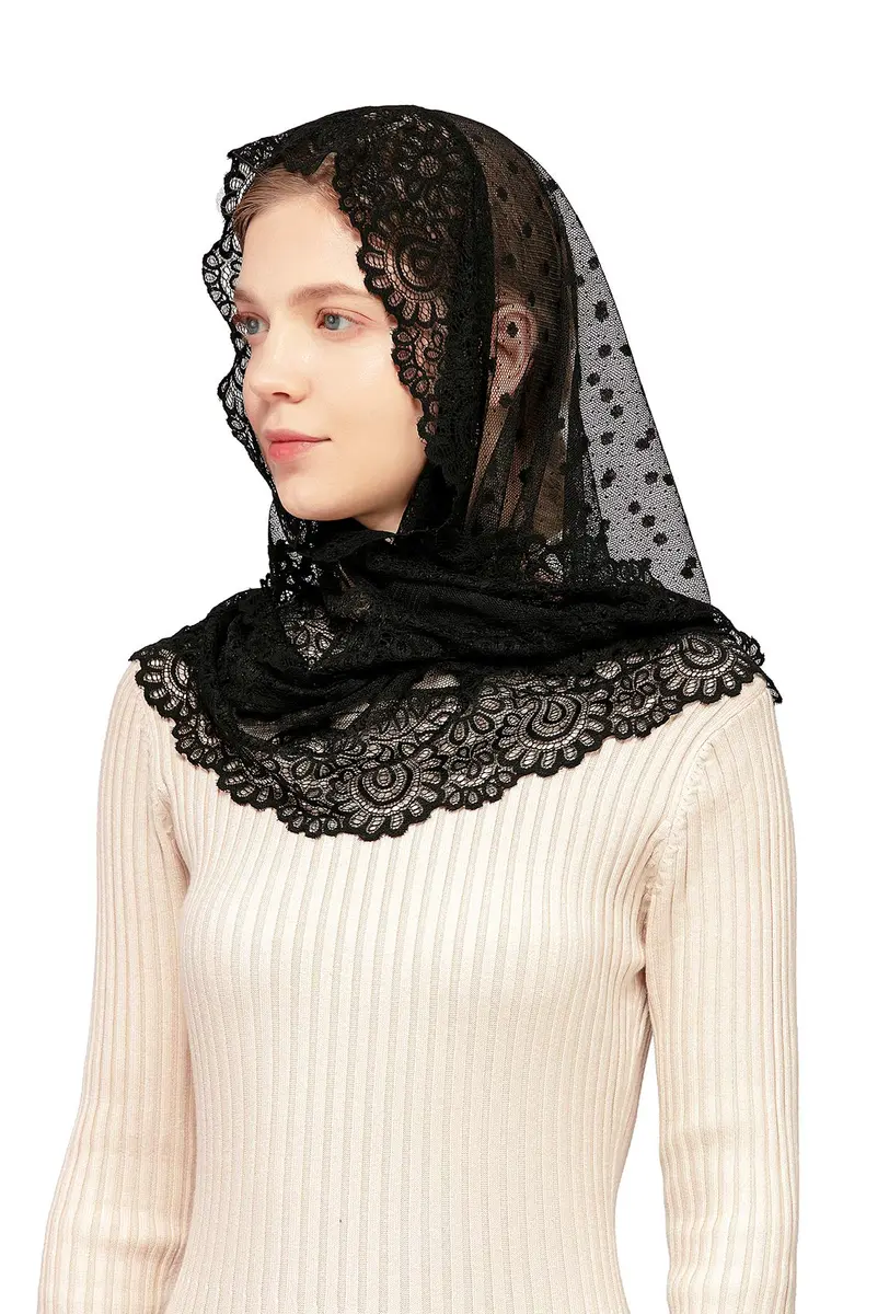 Wgior Triangle Vintage Inspired Lace Chapel Veils Black | Elegant Church Head Covering (70-120 chars) - view 4