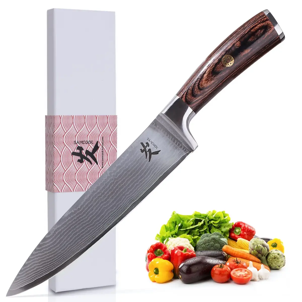 SAMCOOK Damascus Chef Knife 8 Inch Japanese Knife with Pakkawood Handle | Forged High Carbon Stainless Steel - main product image