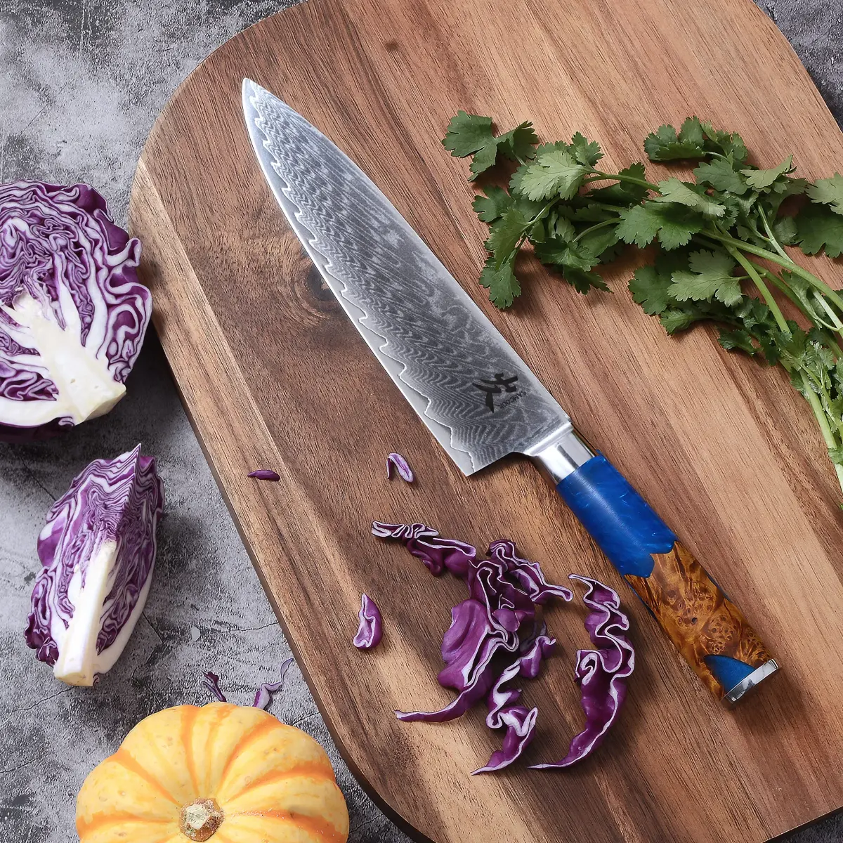 SAMCOOK 8 Inch Damascus Chef Knife | Japanese Gyuto Knife with Blue Resin Wood Handle - view 5