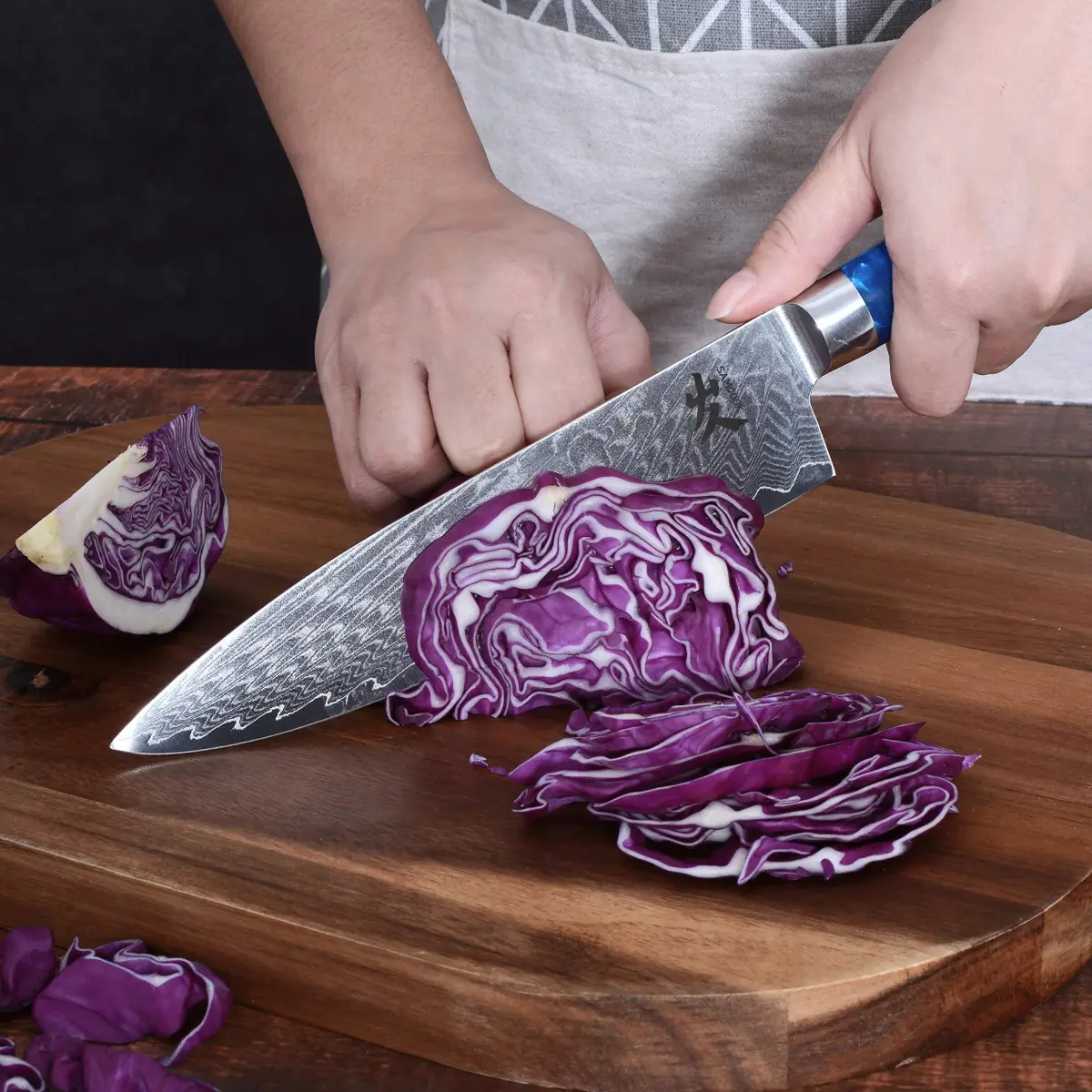 SAMCOOK 8 Inch Damascus Chef Knife | Japanese Gyuto Knife with Blue Resin Wood Handle - view 6
