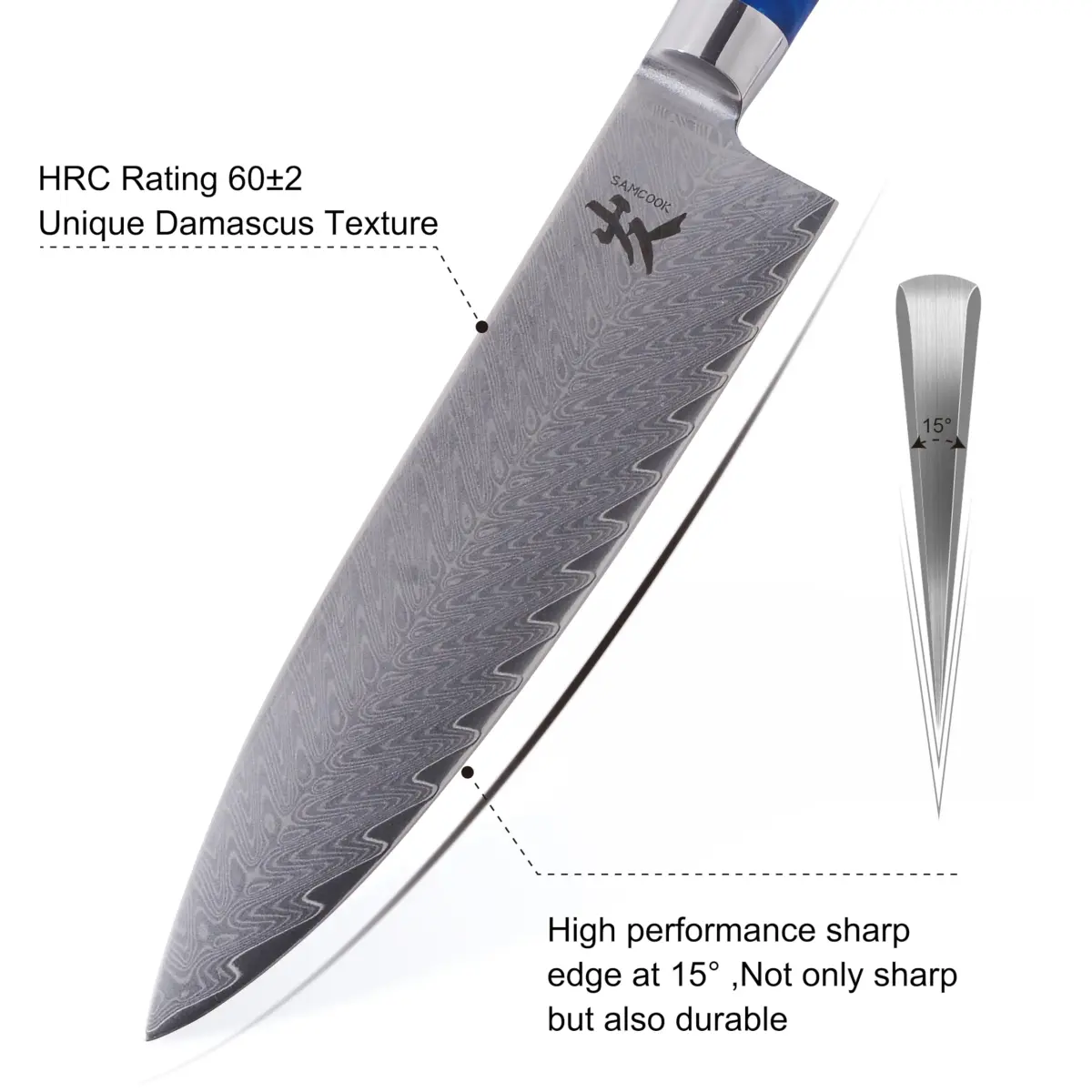 SAMCOOK 8 Inch Damascus Chef Knife | Japanese Gyuto Knife with Blue Resin Wood Handle - view 3