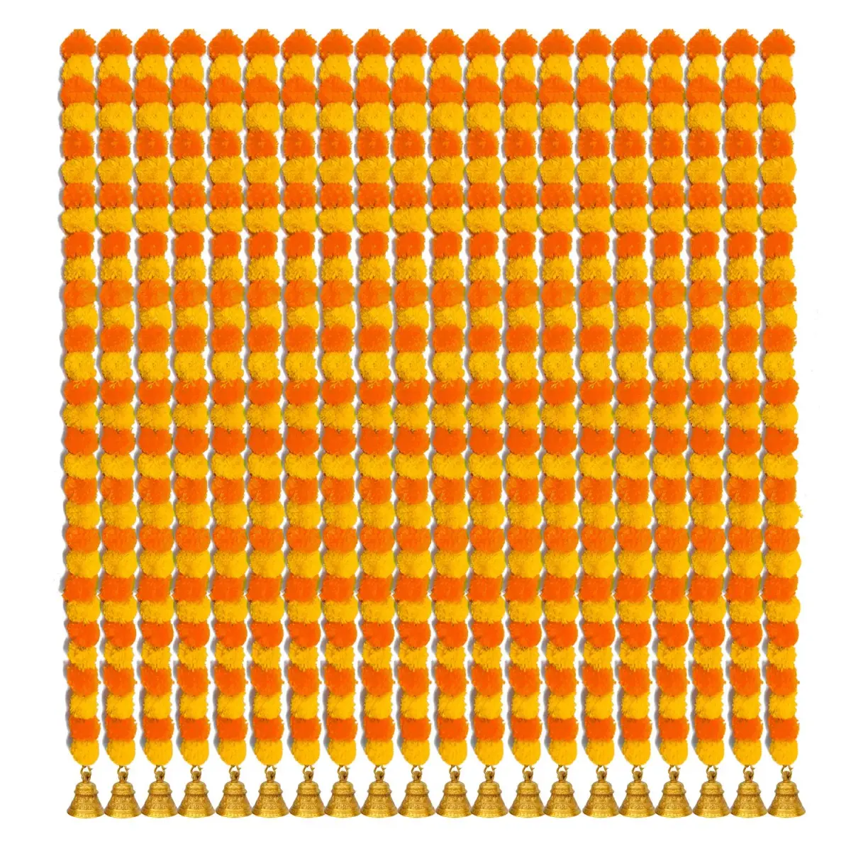 iHandikart Artificial Marigold Garland with Bells, 60 inch (152 cm) Length, Pack of 20 | Vibrant Yellow & Light Orange for Festive Decor - main product image