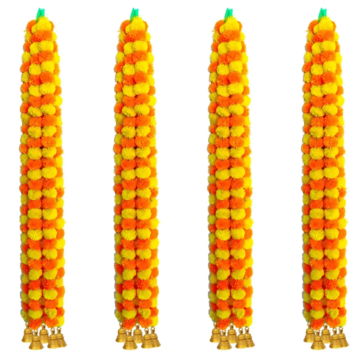 iHandikart Artificial Marigold Garland with Bells, 60 inch (152 cm) Length, Pack of 20 | Vibrant Yellow & Light Orange for Festive Decor - view 2