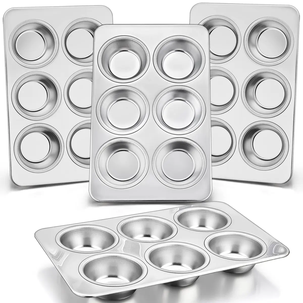 P&P CHEF 6-Cup Muffin Pan Tin, Stainless Steel Cupcake Pan, 4Pcs | Heavy Duty & Dishwasher Safe - main product image