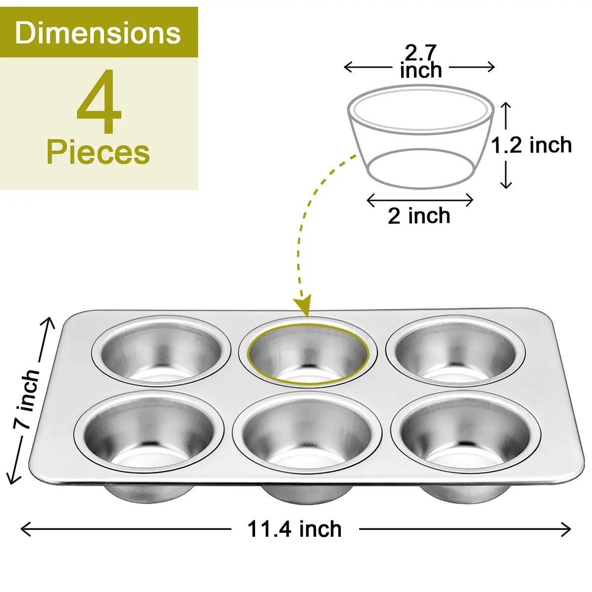 P&P CHEF 6-Cup Muffin Pan Tin, Stainless Steel Cupcake Pan, 4Pcs | Heavy Duty & Dishwasher Safe - view 2