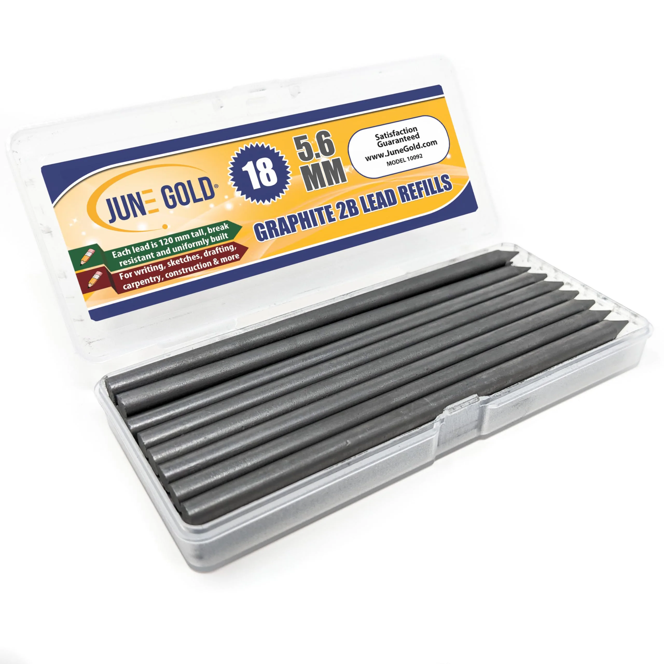 June Gold 5.6mm 2B Lead Refills, 120mm Length, Break Resistant (18 Count) - main product image