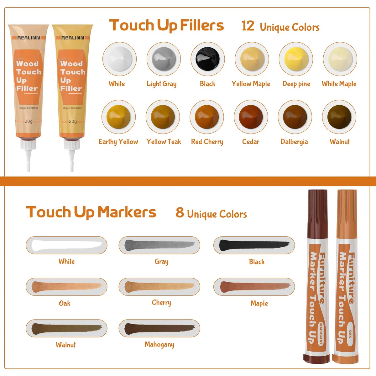 REALINN Wood Furniture Repair Kit- Set of 28 - Touch Up Markers | Fillers with Wood Putty for Scratch & Crack Repair - view 6