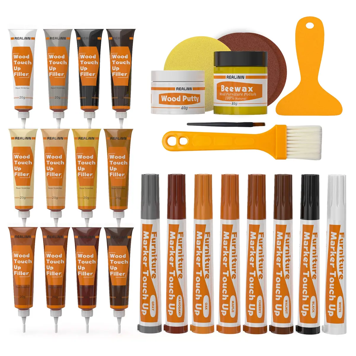 REALINN Wood Furniture Repair Kit- Set of 28 - Touch Up Markers | Fillers with Wood Putty for Scratch & Crack Repair - main product image