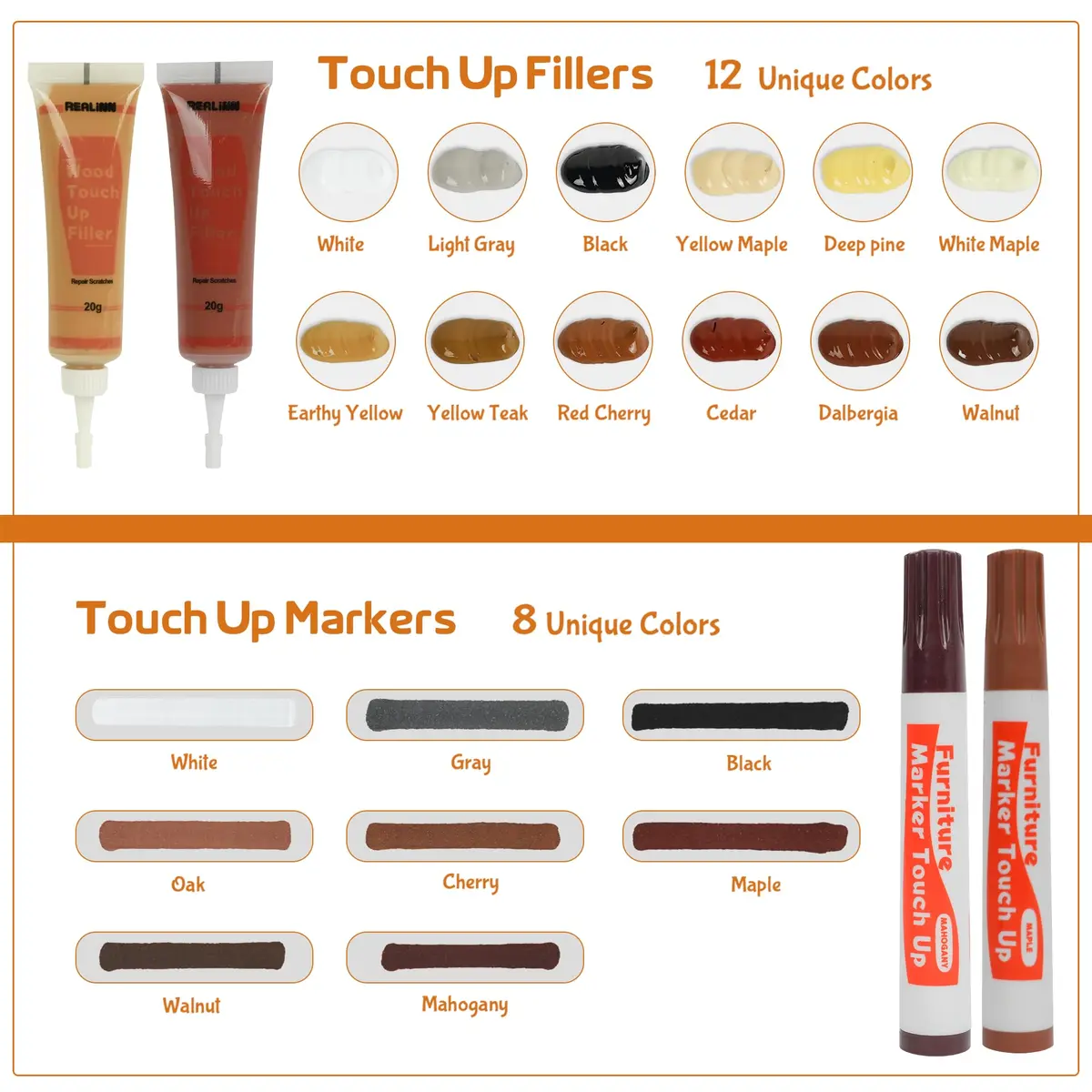 REALINN Wood Furniture Repair Kit- Set of 28 - Touch Up Markers | Fillers with Wood Putty for Scratch & Crack Repair - view 7