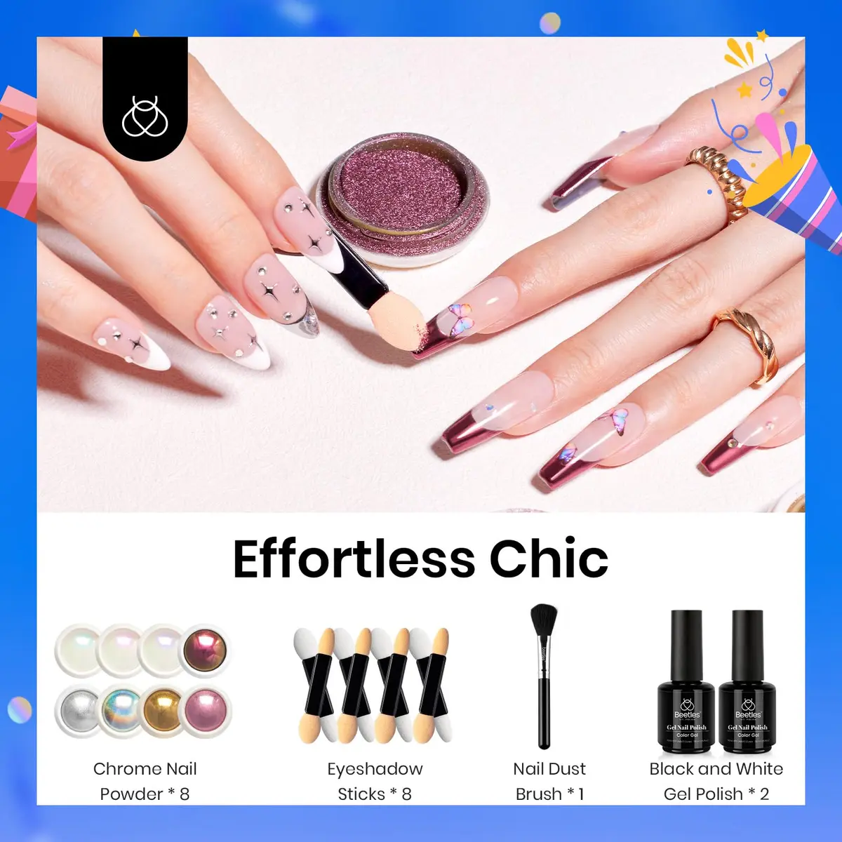 beetles Gel Polish Mirror Effect Holographic Chrome Nail Powder Kit 0.5g-7.5ml | Glitter for Women - view 2
