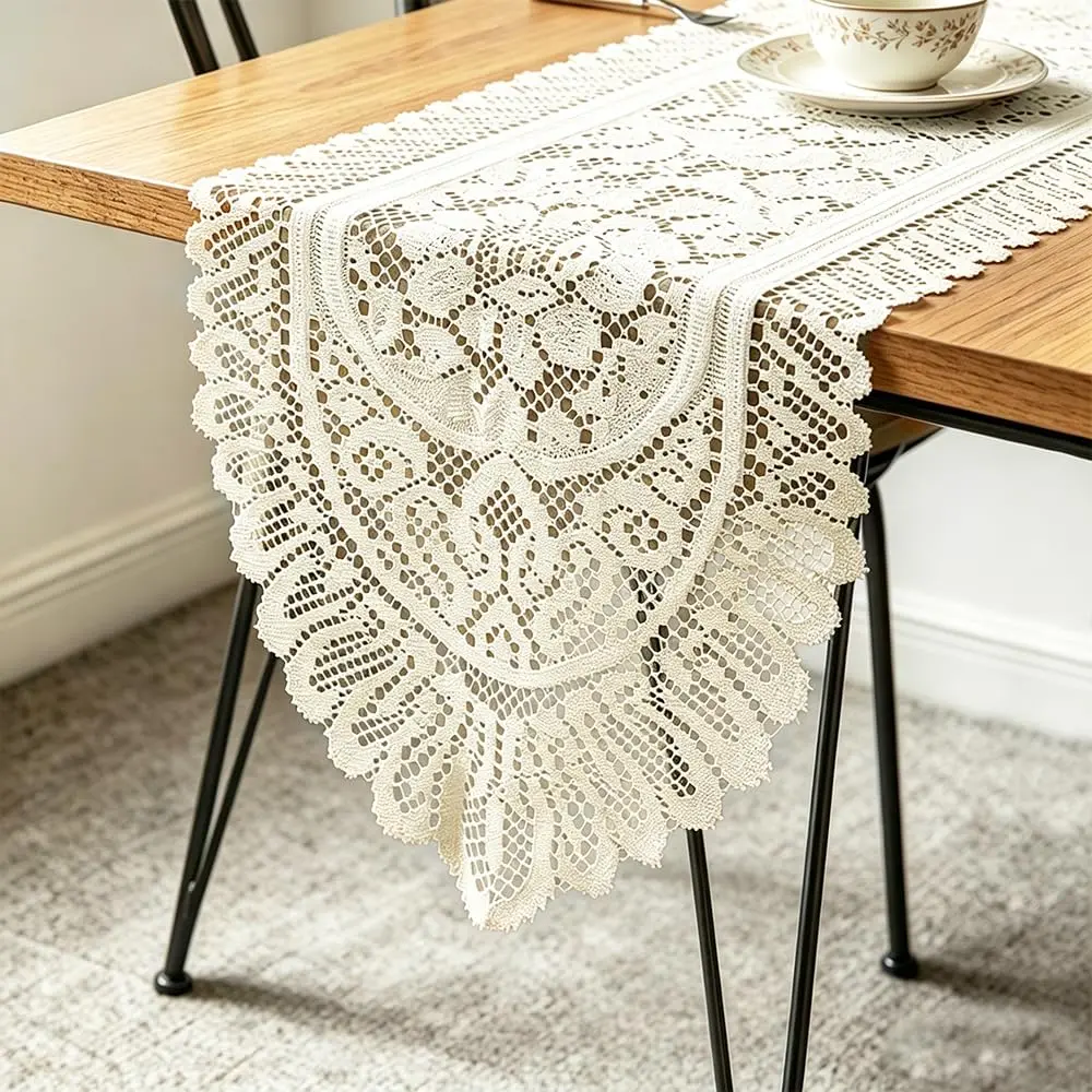 Tinsow Cotton Crochet Lace Table Runner 13" x 44" | Beige Rectangular Decor - main product image