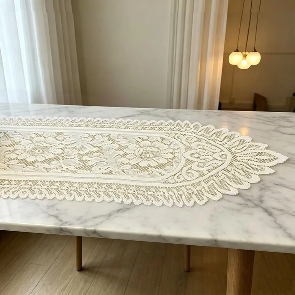Tinsow Cotton Crochet Lace Table Runner 13" x 44" | Beige Rectangular Decor - view 2
