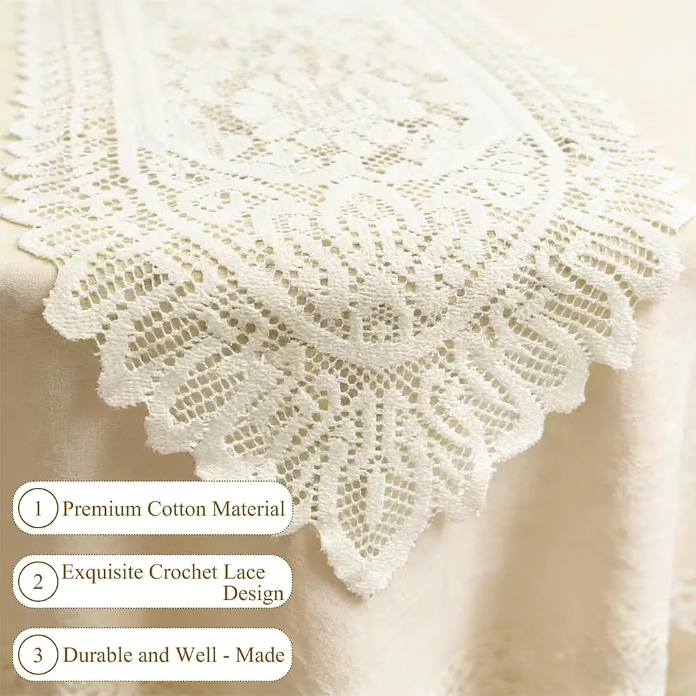 Tinsow Cotton Crochet Lace Table Runner 13" x 44" | Beige Rectangular Decor - view 3