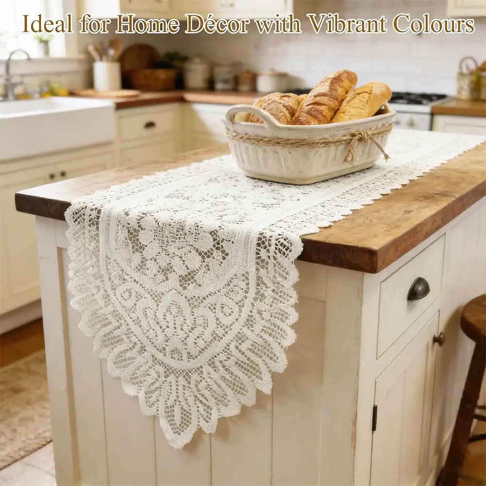 Tinsow Cotton Crochet Lace Table Runner 13" x 44" | Beige Rectangular Decor - view 4