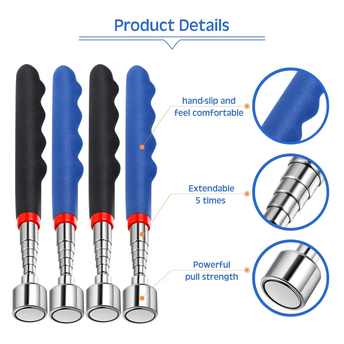 Patelai Telescoping Magnetic Pickup Tool Set 7-30 inch Extendable Stick | 20 lb Pull Force, 4-Piece Set, Blue & Black - view 3