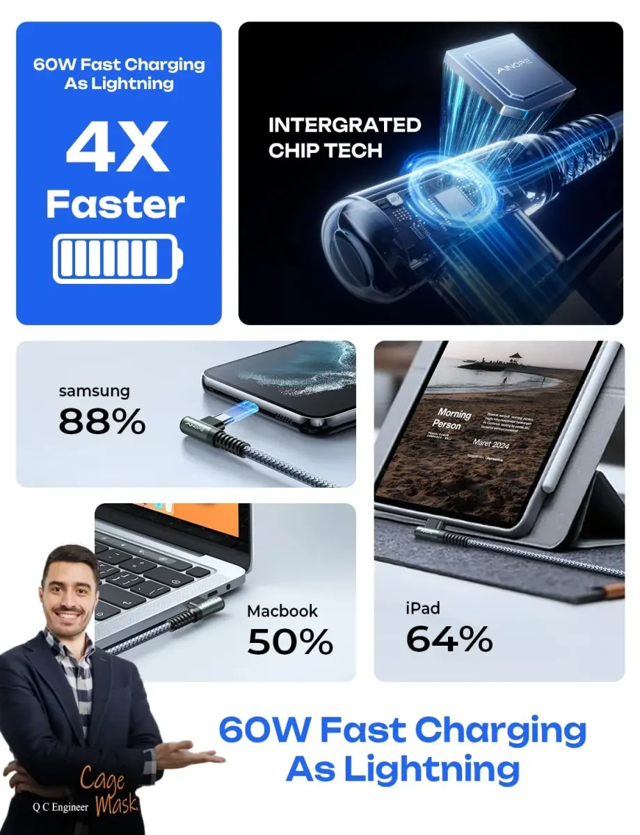 AINOPE Right Angle USB C to USB C Cable 6.6ft (20cm) 60W | Fast Charging & Data Transfer - view 9