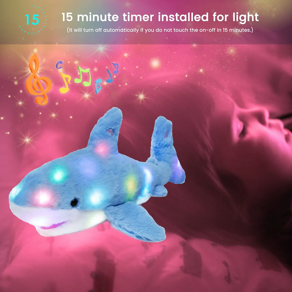Hopearl LED Musical Stuffed Shark Plush Toy 40.64cm (16'') | Soft Blue Toy with Lullaby & Lights - view 6