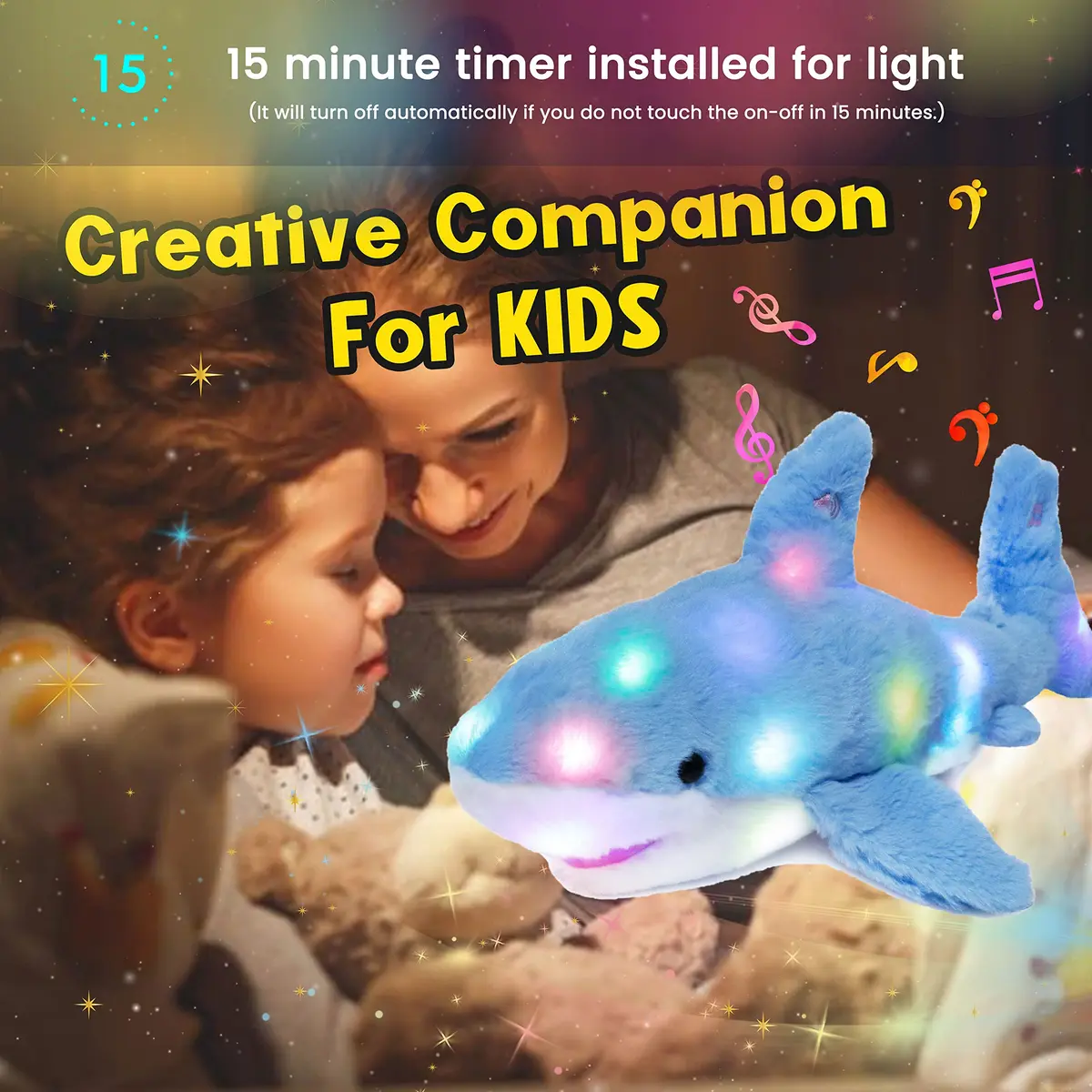 Hopearl LED Musical Stuffed Shark Plush Toy 40.64cm (16'') | Soft Blue Toy with Lullaby & Lights - view 8