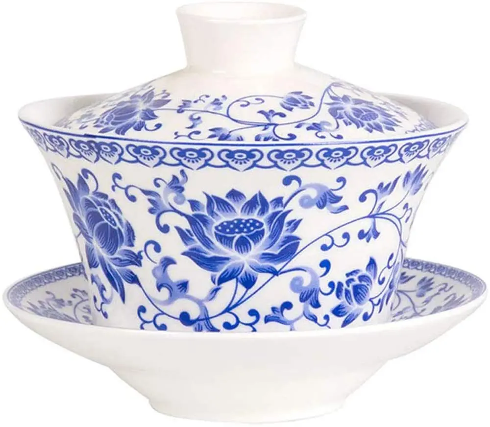 Eplze Large Ceramic Gaiwan 300ml (10oz) Blue Lotus | Traditional Chinese Kung Fu Tea Cup - main product image