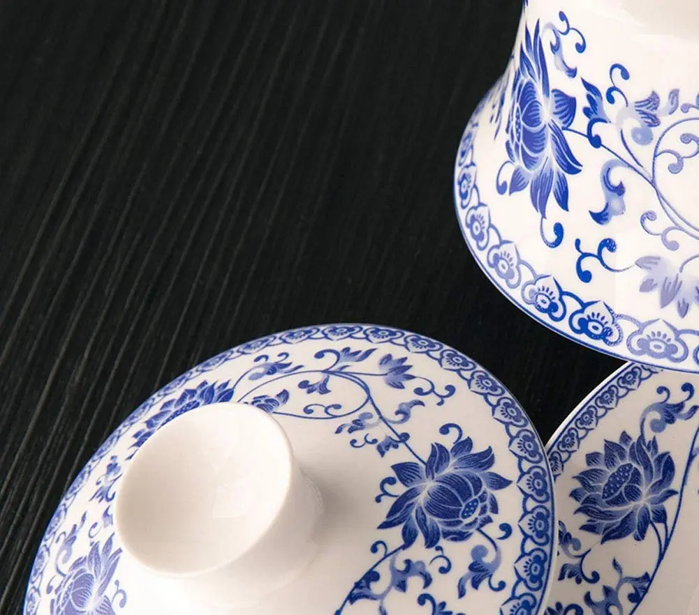 Eplze Large Ceramic Gaiwan 300ml (10oz) Blue Lotus | Traditional Chinese Kung Fu Tea Cup - view 5