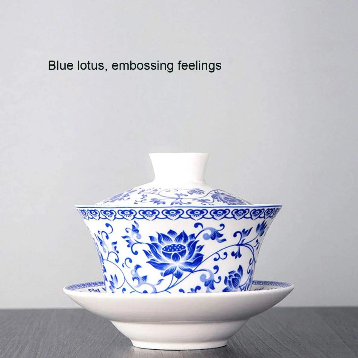Eplze Large Ceramic Gaiwan 300ml (10oz) Blue Lotus | Traditional Chinese Kung Fu Tea Cup - view 6