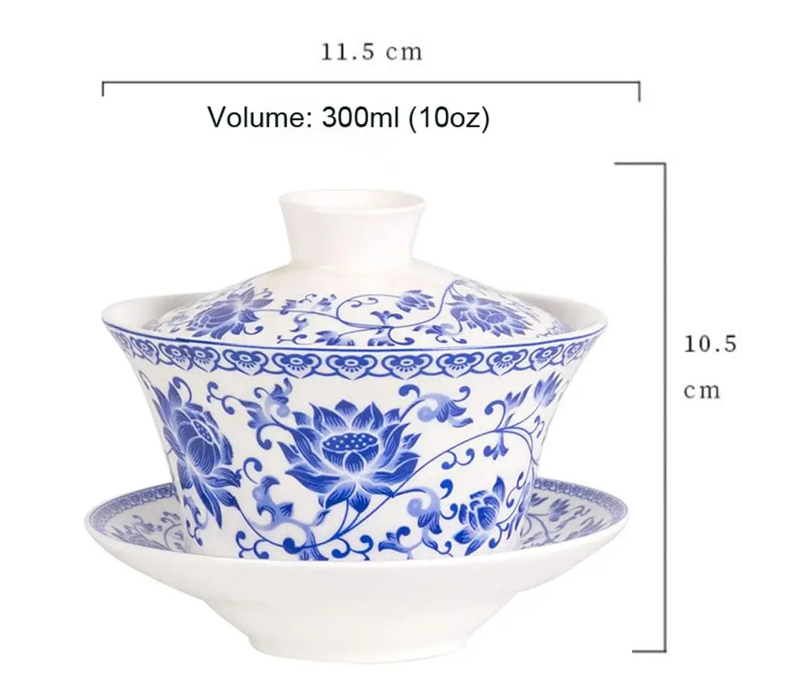 Eplze Large Ceramic Gaiwan 300ml (10oz) Blue Lotus | Traditional Chinese Kung Fu Tea Cup - view 2