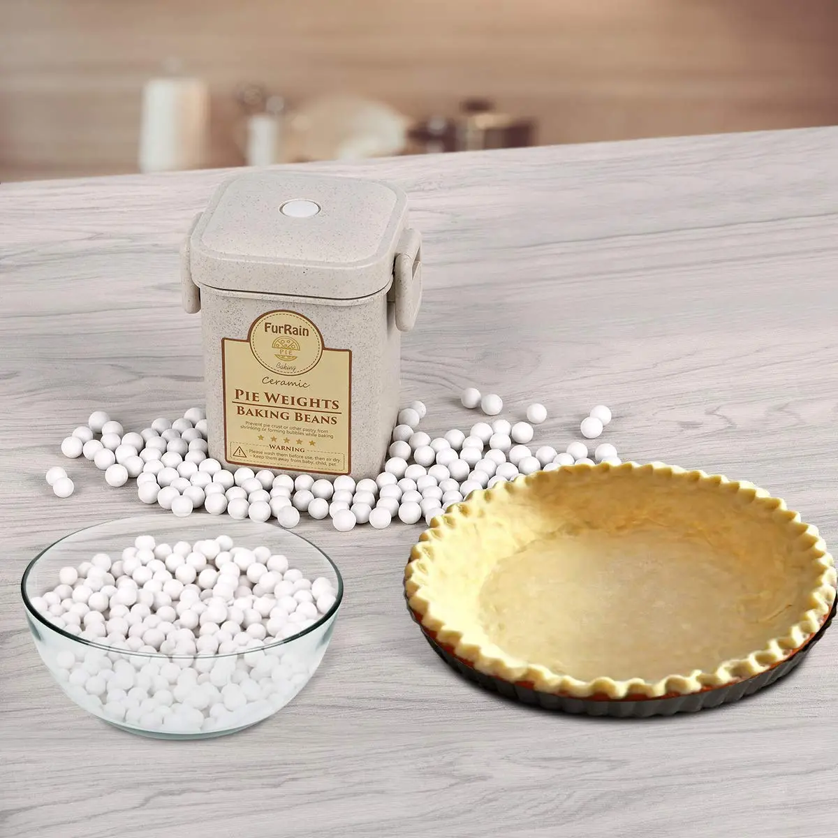 FurRain Ceramic Pie Weights Reusable 10mm Baking Beans | Natural Ceramic Stoneware with Wheat Straw Container - view 6
