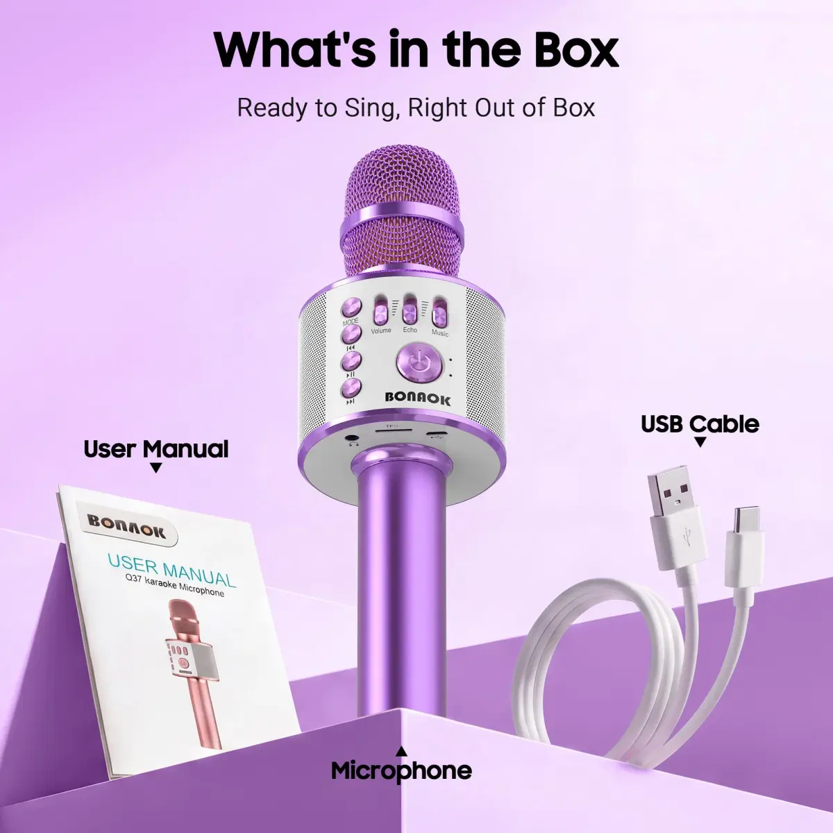 BONAOK Wireless Bluetooth Karaoke Microphone Q37 Light Purple | 3-in-1 Portable Mic Speaker for All Smartphones - view 9