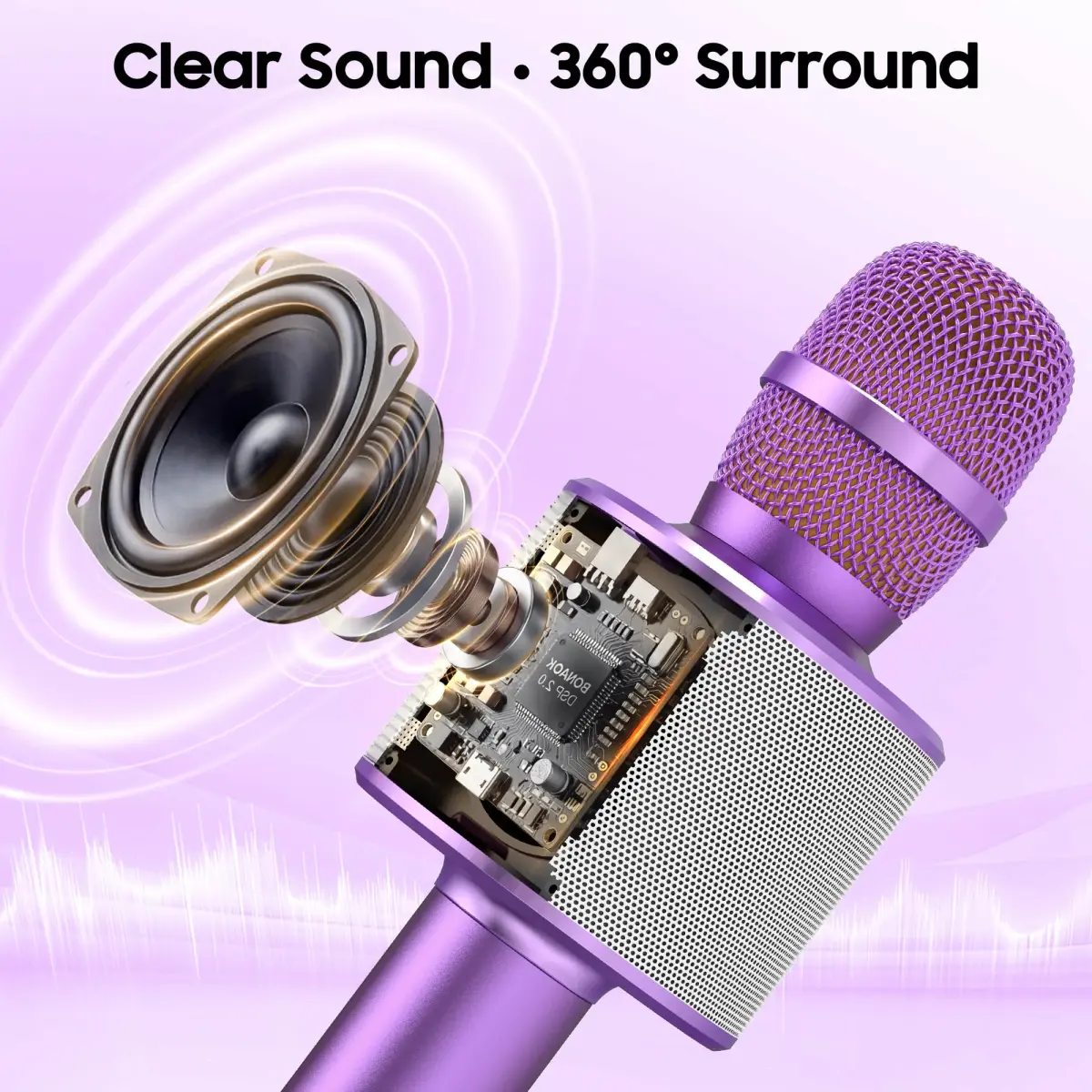 BONAOK Wireless Bluetooth Karaoke Microphone Q37 Light Purple | 3-in-1 Portable Mic Speaker for All Smartphones - view 2
