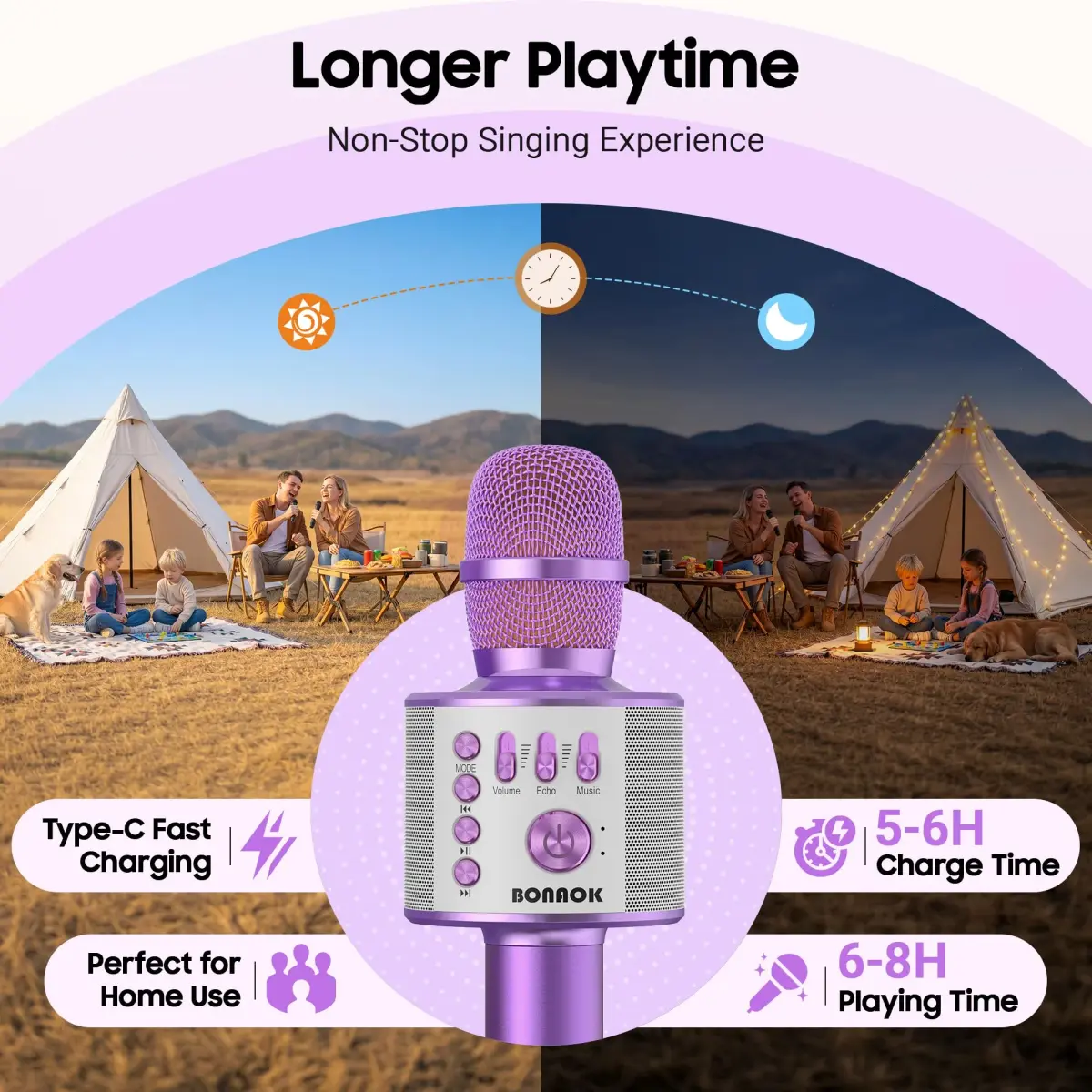 BONAOK Wireless Bluetooth Karaoke Microphone Q37 Light Purple | 3-in-1 Portable Mic Speaker for All Smartphones - view 4