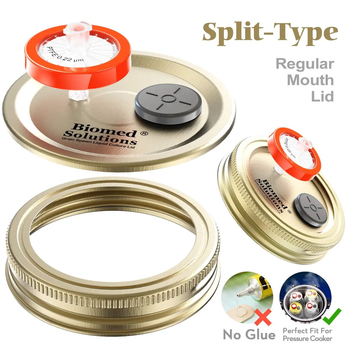 Biomed Solutions 6Pcs Regular Mouth Liquid Culture Lids with PTFE Filter & Injection Ports | Golden - view 2