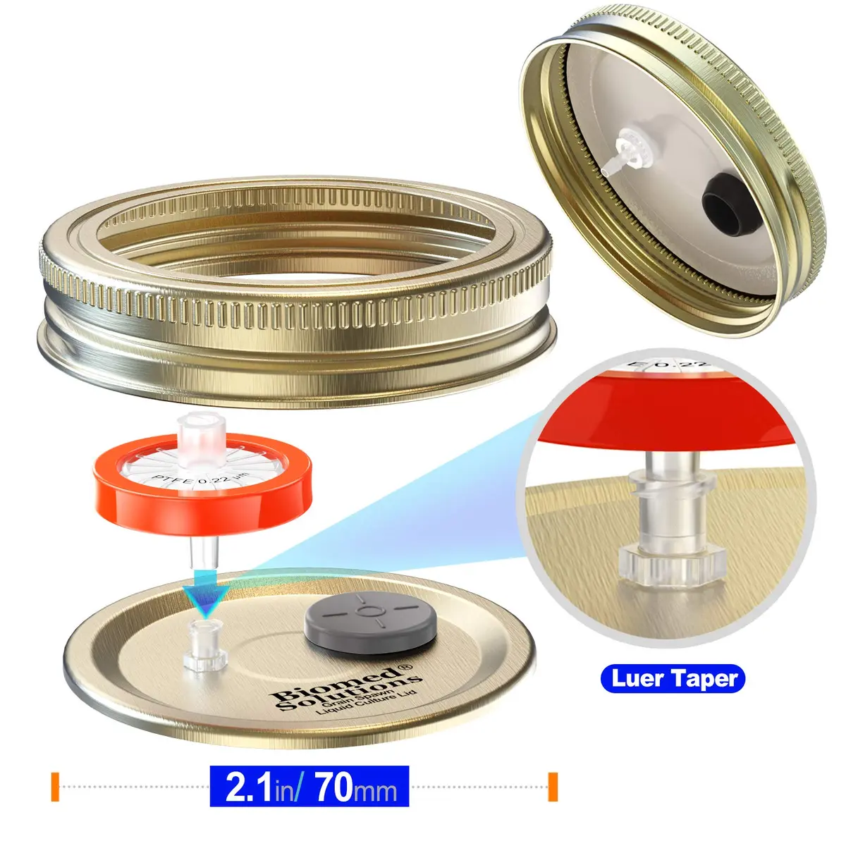 Biomed Solutions 6Pcs Regular Mouth Liquid Culture Lids with PTFE Filter & Injection Ports | Golden - view 3