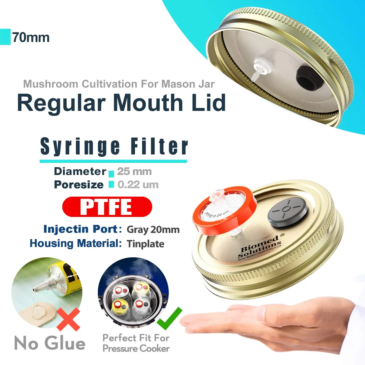 Biomed Solutions 6Pcs Regular Mouth Liquid Culture Lids with PTFE Filter & Injection Ports | Golden - view 4