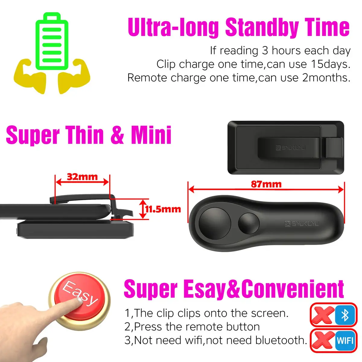 SK SYUKUYU RF Remote Control Page Turner for Kindle, iPad, Android Tablets & iPhone | Black - view 6