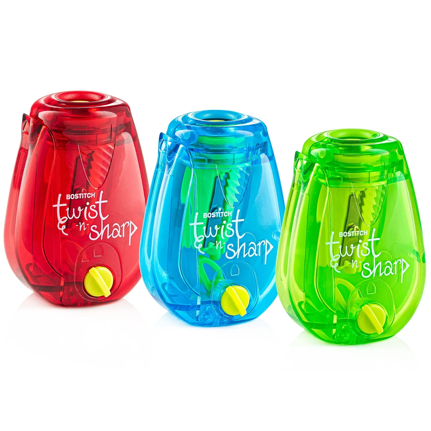 Bostitch Office Manual Twist-n-Sharp Pencil Sharpener 3-Pack (Lime Green, Blue, Red) | Ratchet Technology for Precision Points - main product image