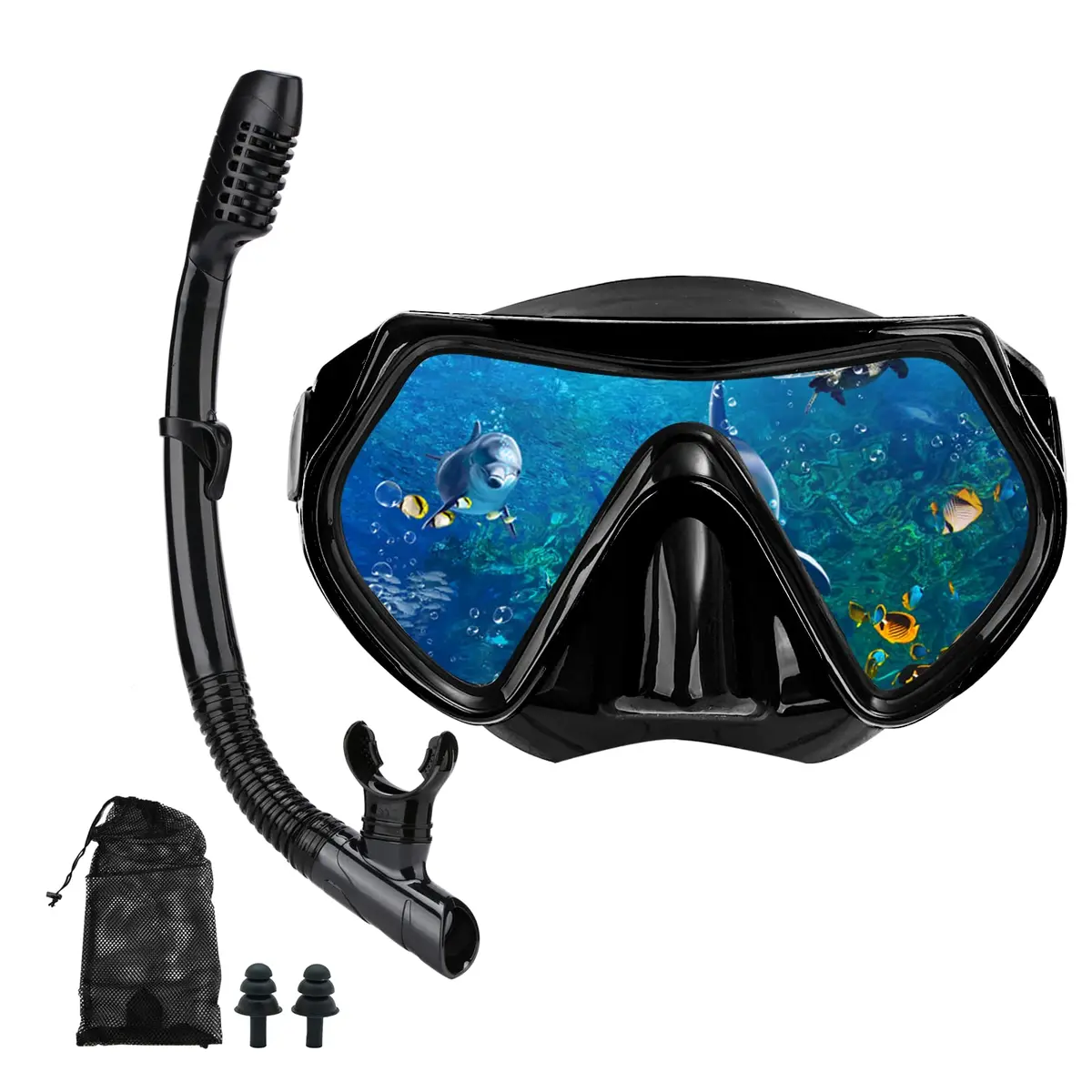 DIPUKI Snorkel Mask Snorkeling Set for Adults & Youth | Full Dry Snorkel & Tempered Glass (Black) - main product image