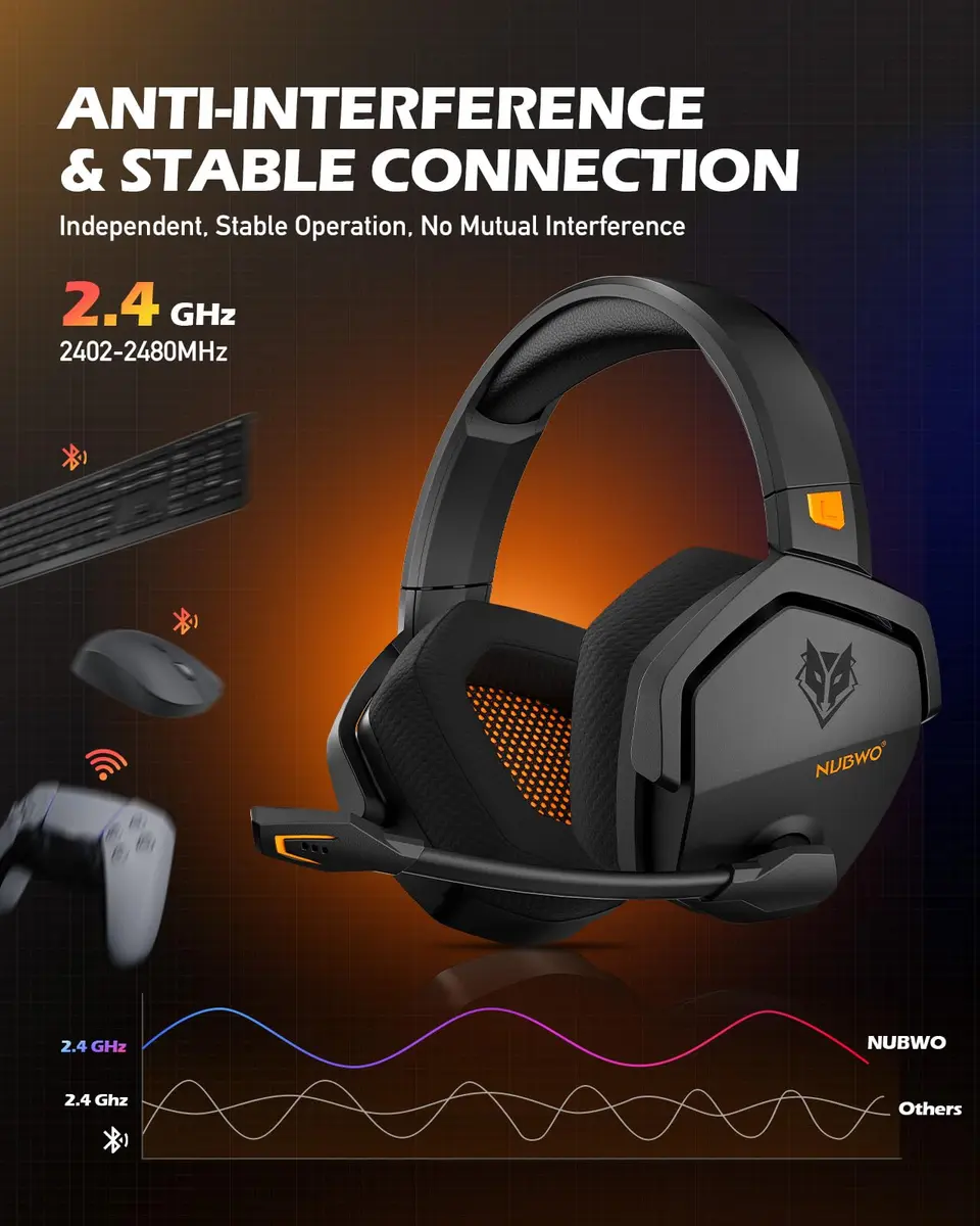 NUBWO G06 Wireless Gaming Headset with Mic for PS5 PS4 PC, 100-Hour Battery, 23ms Sync, Orange - view 2