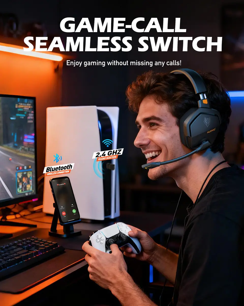 NUBWO G06 Wireless Gaming Headset with Mic for PS5 PS4 PC, 100-Hour Battery, 23ms Sync, Orange - view 3