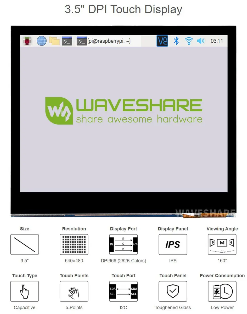 waveshare 3.5inch Capacitive Touch Screen LCD for Raspberry Pi | 640×480 IPS Low Power - view 3