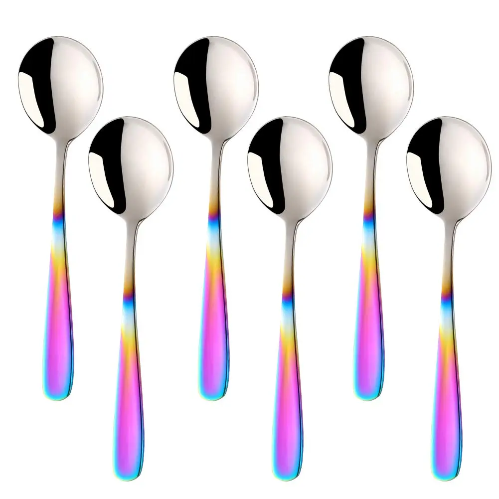 Buyer Star Bouillon Spoon Set, 7-Inch Round Soup Spoons, 6 Pieces | Gradient Rainbow - main product image